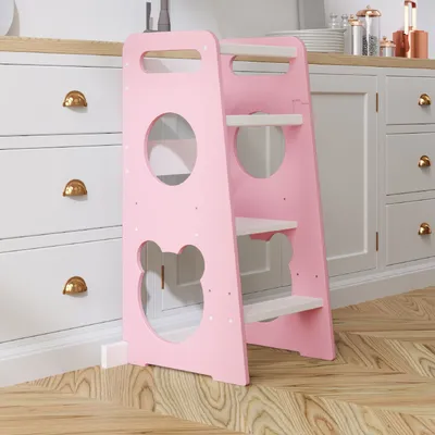 Produktbild von Lernturm für Kinder, Neues Modell - Teddybär, Learning Tower aus Holz, Montessori Küchenhelfer, Lernturm ab 1 Jahr, Rosa