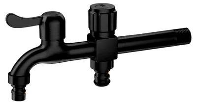 Produktbild von Doppelter Wasserhahn für den Garten, Wandmontage, Kaltwasser aus Edelstahl, 200 mm, Doppelanschluss, kältebeständig, schwarz
