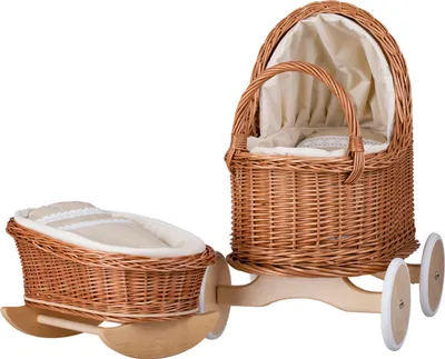 Image de Poussette et berceau de poupée en osier avec literie en rose (beige)