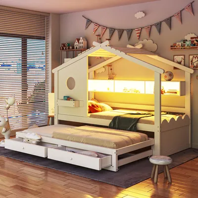 Image de Lit cabane pour enfant, dimensions 90 x 200 cm, avec lit tiroir 90 x 190 cm, 2 tiroirs, éclairage LED, ports USB et USB-C, étagères, couleur blanche, en bois