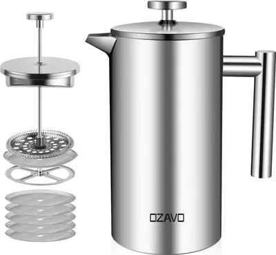 Produktbild von OZAVO Kaffeebereiter OZ230, 6 Edelstahl-Filter Φ9.5cm, Kaffeekanne, 1L Doppelwandig French Press, Doppelwandig Edelstahl Kaffepresse