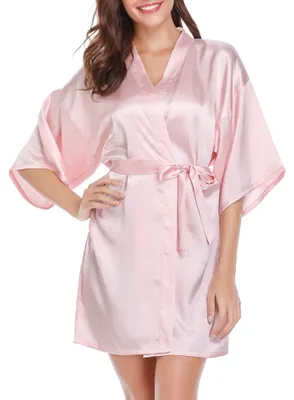 Obrázek produktu pro Vlazom Kimono, župan, dámský, krátký saténový župan s páskem, s výstřihem do V