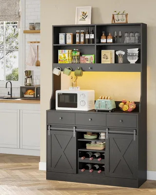 Image de AODEMOKO, buffet de cuisine multifonctionnel avec éclairage LED, prise électrique, 3 tiroirs, dimensions : 103,5 x 40 x 180 cm, couleur : noir