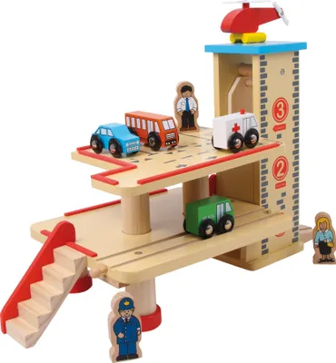 Image de Gare et parking en bois, avec véhicules et figurines
