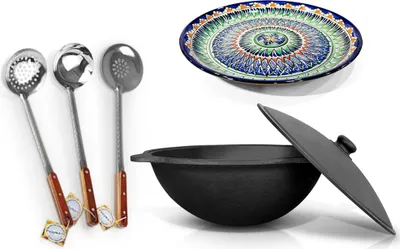 Produktbild von 16 L Kazan Uzbekisch Gusseisen Schaumlöffel Plov Kochtopf WOK Kasan Lagan Ляган