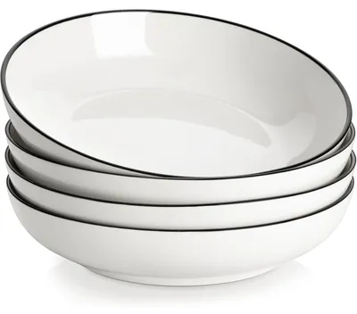 Immagine prodotto di Set di 4 ciotole da zuppa, colore crema con bordo nero, in porcellana, diametro 22,5 cm, capacità 1250 ml