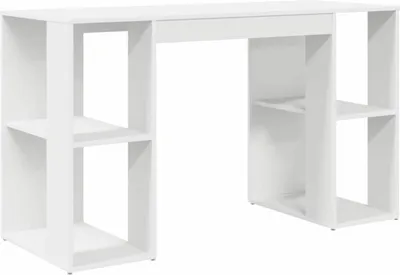 A white desk with shelves on either side, shown from a front-facing angle against a white background.