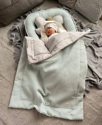 Produktbild von Waffelpique MINZE/ Mini PUNKTE Grau Babynestchen Unterlage 3 Tlg SET Babynest Wicleklunterlage Reisebett Babydecke Babyausstattung 2 Seitig Geschenk