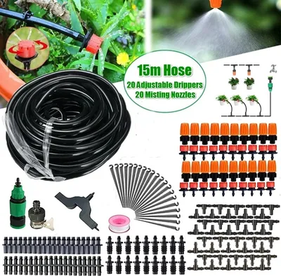Obrázek produktu pro 15m hadice 20 nastavitelných kapaček 20 postřikovačů (mlžných trysek) DIY zahradní úsporný systém mikrokapkové závlahy Sada automatického zavlažovacíh
