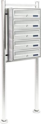 Wiltec 5er Briefkastenanlage Edelstahl 513 x 270 x 1500 mm, Standbriefkasten mit 5 Fächern, Schlüssel und Namensschild, Briefkasten Postkasten mit Ständer