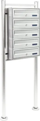 Produktbild von Wiltec 5er Briefkastenanlage Edelstahl 513 x 270 x 1500 mm, Standbriefkasten mit 5 Fächern, Schlüssel und Namensschild, Briefkasten Postkasten mit Ständer