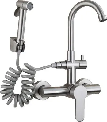 Zdjęcie produktu dla Bateria kuchenna, naścienna, wysuwany bidet, szczotkowany nikiel