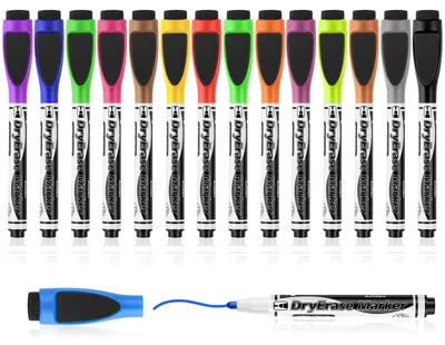 Produktbild von Whiteboardmarker magnetisch, 15 Stück, feine Spitze, abwischbar, mit Radiergummi, für Schule und Büro