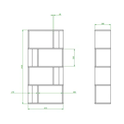Technical drawing of a white bookshelf with dimensions indicated.