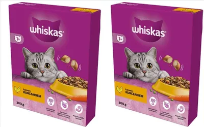 Produktbild von Whiskas Adult 1+ Katzentrockenfutter für Erwachsene Katzen mit Huhn 2er Pack (2 x 300 g) im Karton