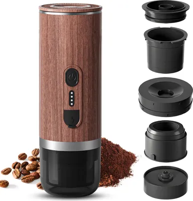 A portable electric espresso machine with a wood-grain finish, shown with coffee beans and grounds, and its disassembled parts laid out separately.