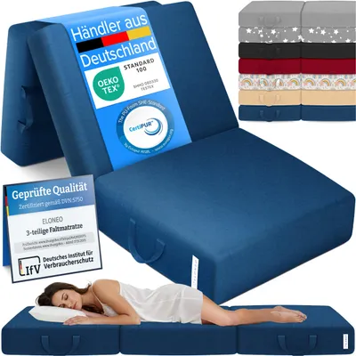 Produktbild von ELONEO Klappmatratze, Gästematratze, 3-teilige Faltmatratze, Schaumstoff extra dick(15cm),  Bandscheibenwürfel, klappbar, faltbare Matratze, (Blau)