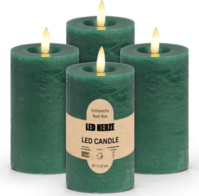Image de Lot de 4 bougies LED en cire, flamme vacillante, Ø 7x12 cm, vert