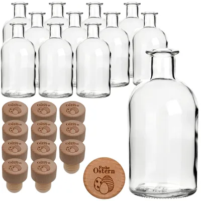 Produktbild von gouveo 12x Glasflasche 250 ml Apotheker mit Holzgriffkorken “Frohe Ostern III” - Leere Flasche mit Korken zum Befüllen – Apothekerflaschen, Likörflaschen, Oster-Flasche, Geschenkidee