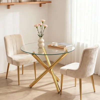 Obrázek produktu pro Kulatý jídelní stůl, skleněná deska, zlaté nohy, moderní a minimalistický design