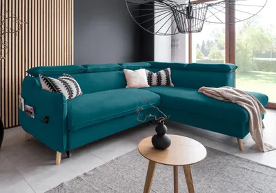 Produktbild von MIUFORM Sweet Harmony - Ecksofa mit Bettfunktion und Bettkasten L-FORM RECHTS - 253x208cm - Velours Türkis - Sofa Schlafsofa Couch