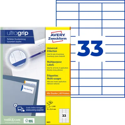 Produktbild von Avery Zweckform 3421, Universal-Etiketten, A4, Qualitätsdruck mit: ultragrip, 70 x 25,4 mm, 3.300 Etiketten / 100 Bögen, weiß