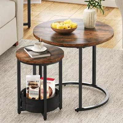 Produktbild von Balconera Couchtisch Rund, 2er Set Nisttisch, Stapelbarer Beistelltisch mit Metallrahmen und verstellbaren für Wohnzimmer, Balkon