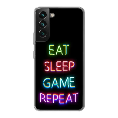 Produktbild von MuchoWow® Handyhülle Schutzhülle Hülle für Samsung Galaxy S22 Gaming - Led - Zitat - Eat sleep game repeat - Gaming Silikon Softcase Handy Hülle - Mobiltelefonhülle