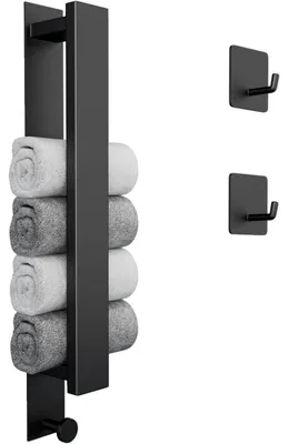 Immagine prodotto di Portasciugamani adesivo in acciaio inossidabile, 40 cm, finitura nera opaca, con 2 ganci, ideale per bagno e cucina