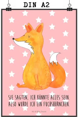 Produktbild von Mr. & Mrs. Panda Bild Einhorn Fuchs DIN A2 - Rot Pastell - Geschenk, Unicorn, Fuchshörnchen, drucke, Einhörner, Plakat, Kunstdruck, Füchse, wanddeko, Unicorns, Wandbild