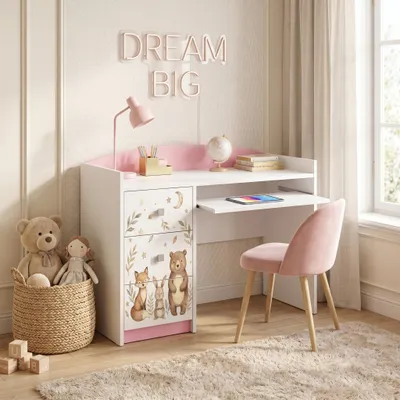 Produktbild von Rosa Kinderschreibtisch mit Schublade und Schrankfach, Schülerschreibtisch Hausaufgabentisch für Mädchen, Computertisch mit Motiv, KI-generiertes Bild