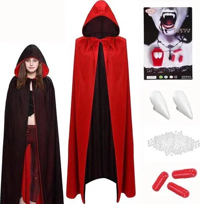Productafbeelding van Halloween vampierkostuum dames, 140/160 cm cape met capuchon, vampierentanden en nepbloed, dubbelzijdig vampierenkostuum