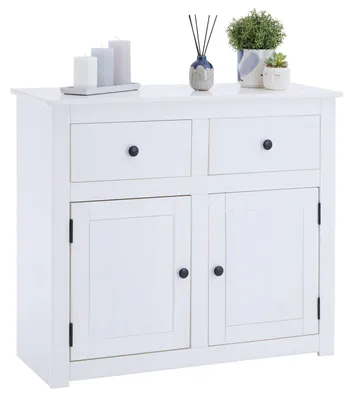 Produktbild von Kommode PAULO weiß aus Massivholz im Landhausstil mit 2 Türen und 2 Schubladen, Mexico Sideboard aus Kiefer mit Beschlägen und Griffen aus Metall
