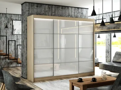 Produktbild von Kleiderschrank Porto III 250 cm inklusive 3 Schiebetüren Lieferung bis in die Wohnung Kleiderstange Garderobe Schrank (Farbe: Eiche sonoma, lacobel weiß, Sprosse)