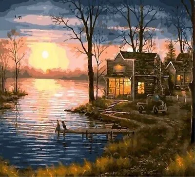 Produktbild von 50x40 cm Malen nach zahlen Set mit Holzrahmen Hütte Am See