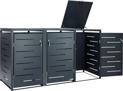 A dark gray metal trash bin enclosure with three compartments, one of which is open.