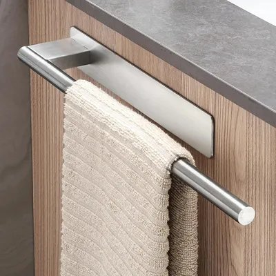 Produktbild von Wandhandtuchhalter aus Edelstahl 304, gebürstetes Silber, einarmig, selbstklebend – Montage ohne Bohren.