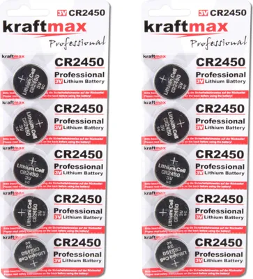 Produktbild von Kraftmax 10er Pack CR2450 Lithium Hochleistungs- Batterie / 3V CR 2450 Knopfzelle für professionelle Anwendungen - Neuste Generation