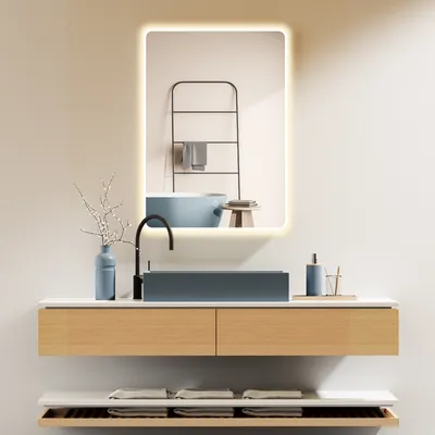 Immagine prodotto di HOKO specchio da bagno 70x100cm con cornice+interruttore a sfioramento+cambio di luce bianco caldo-bianco freddo-neutro con interruttore a sfioramento e commutabile con interruttore a parete