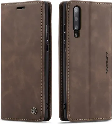 Two views of a brown leather flip phone case for a Samsung Galaxy A50s.