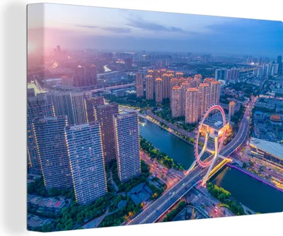 Obrázek produktu pro OneMillionCanvasses® - Obrazy na plátně - 140x90 cm, čínské město Tianjin při západu slunce, Nástěnné umění tisk Nástěnná dekorace - Fotografie na plátně - Malba na plátně