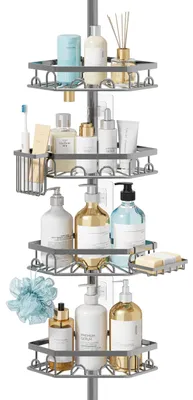 Immagine prodotto di Scaffale angolare per doccia, a 4 ripiani, in acciaio inossidabile, con 16 ganci, per bagno, altezza regolabile da 70,1 a 275,1 cm
