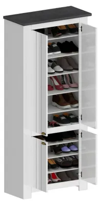 Produktbild von Schuhregal Teodoro, platzsparendes Schuhregal mit 4 Türen, multifunktionale Eingangsgarderobe, 84x42h200 cm, Weiß und Schiefer
