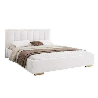 A white upholstered bed with a headboard and bedding, shown against a white background.