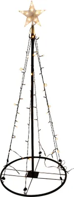 A conical LED Christmas tree with a star on top, standing on a circular base.