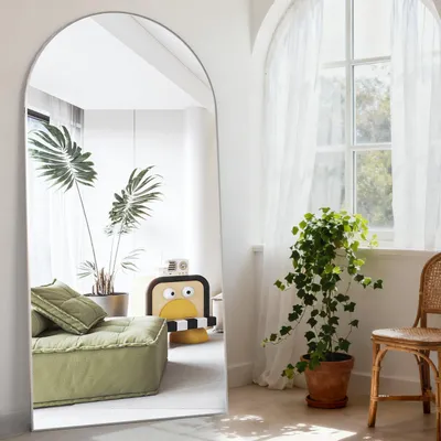 Image de Miroir mural pleine longueur, dimensions 193 x 86 cm, cadre en aluminium argenté incurvé, à poser ou à accrocher