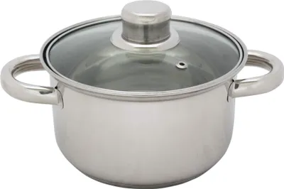 A stainless steel pot with a glass lid and a silver handle, isolated on a white background.