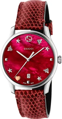 Produktbild von Gucci G Timeless Damenuhr silber rot Lederarmband