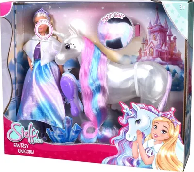 A toy doll and unicorn set in its retail packaging, with a castle and magical elements depicted on the box.
