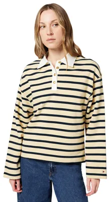 Immagine prodotto di Maglione sportivo da donna Tommy Hilfiger, modello Rugby Terry con colletto a punta e bottoni dorati, disponibile in diverse varianti di colore
